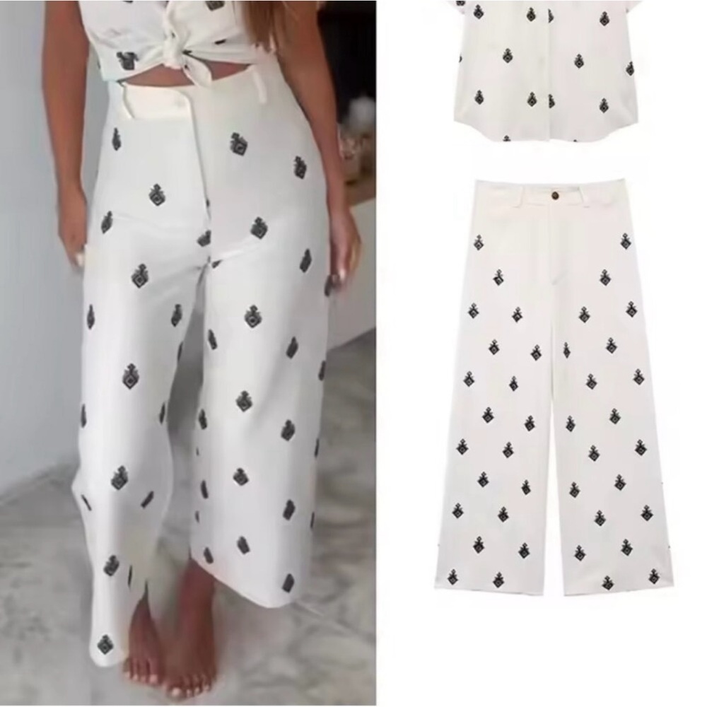 Zara White Wide Leg Pants with Black Pattern
